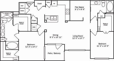 Floor plan for 2 beds, 2 baths, 1314 sqft